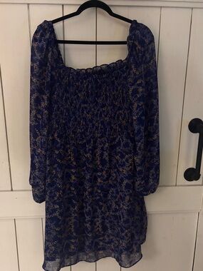 BCBG Navy Blue & Gold Floral Smocked Neck Mini Dress